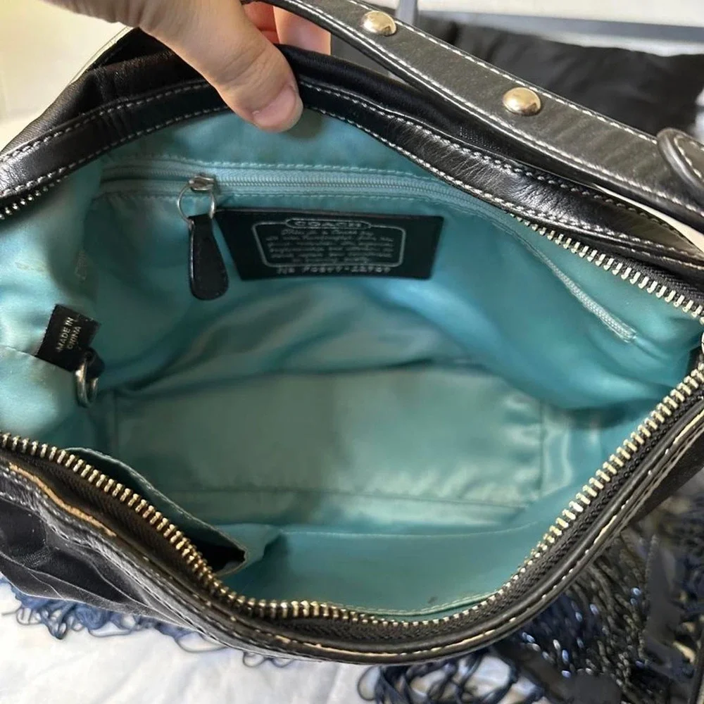Coach black monogram canvas hobo shoulder bag blue satin interior y2k vintage